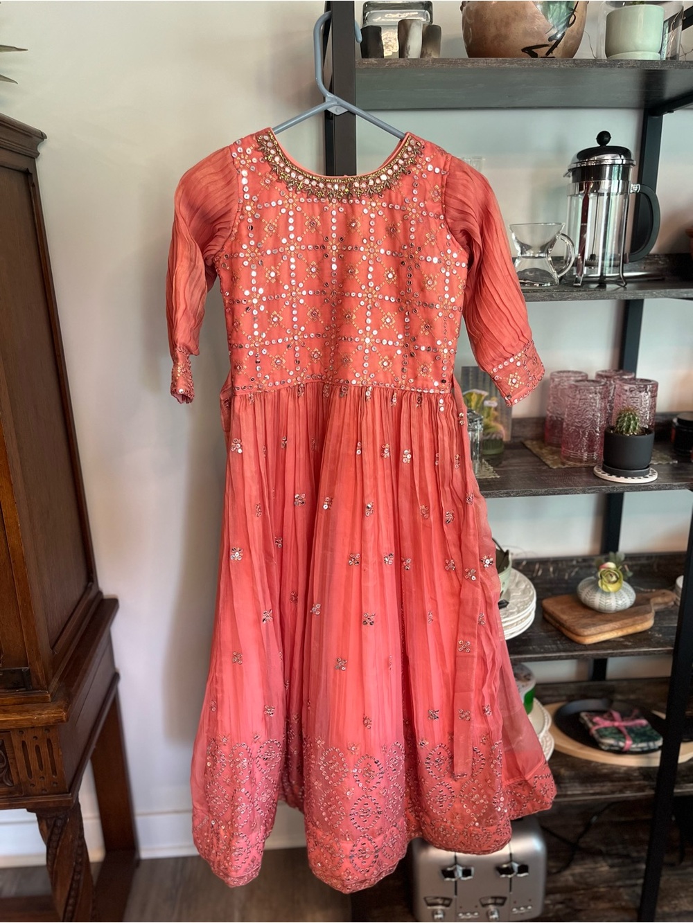 Beaded Embroidered Bedazzled Coral Embellished Girls' Party Dress